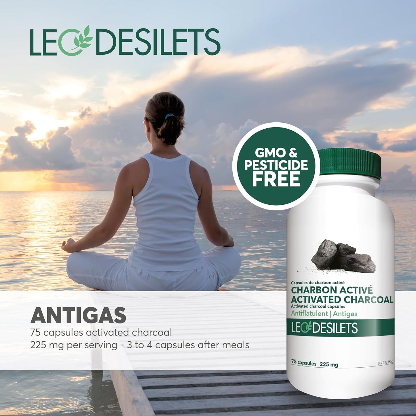 Leo Desilets 活性碳 | 每粒膠囊含 225 毫克活性碳 | 有助於緩解腹脹和脹氣疼痛 | 不含基因改造成分和殺蟲劑 | 75 粒膠囊