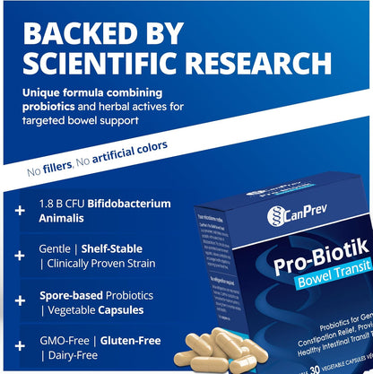 CanPrev - Pro-Biotik 肠道转运，30 粒素食胶囊，30 天用量 - 温和支持规律排便和消化平衡，益生菌可温和缓解便秘并保持健康的肠道转运时间
