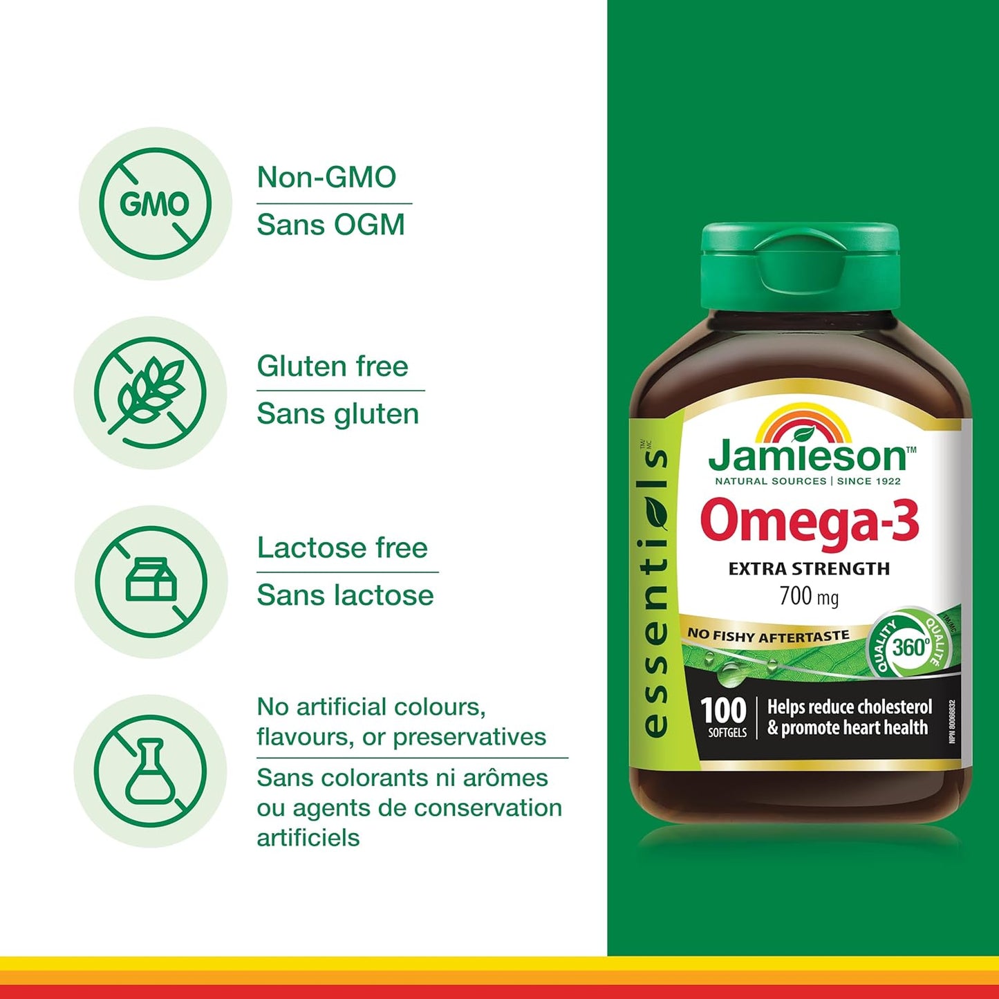 Jamieson 強效 Omega-3 700 毫克，無魚腥味，支持心臟、大腦和眼睛健康，緩解關節炎。富含 EPA 和 DHA，非基因改造，無麩質，100 粒軟膠囊，加拿大製造