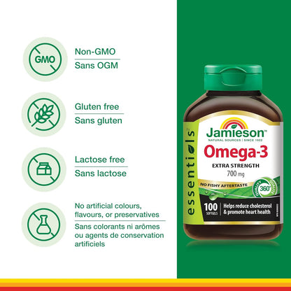 Jamieson 強效 Omega-3 700 毫克，無魚腥味，支持心臟、大腦和眼睛健康，緩解關節炎。富含 EPA 和 DHA，非基因改造，無麩質，100 粒軟膠囊，加拿大製造