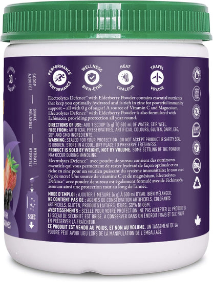 Organika 加拿大制造电解质防御剂，含接骨木莓和紫锥菊 - 柑橘浆果 - 免疫系统支持，无糖补水和电解质补充 - 180 克