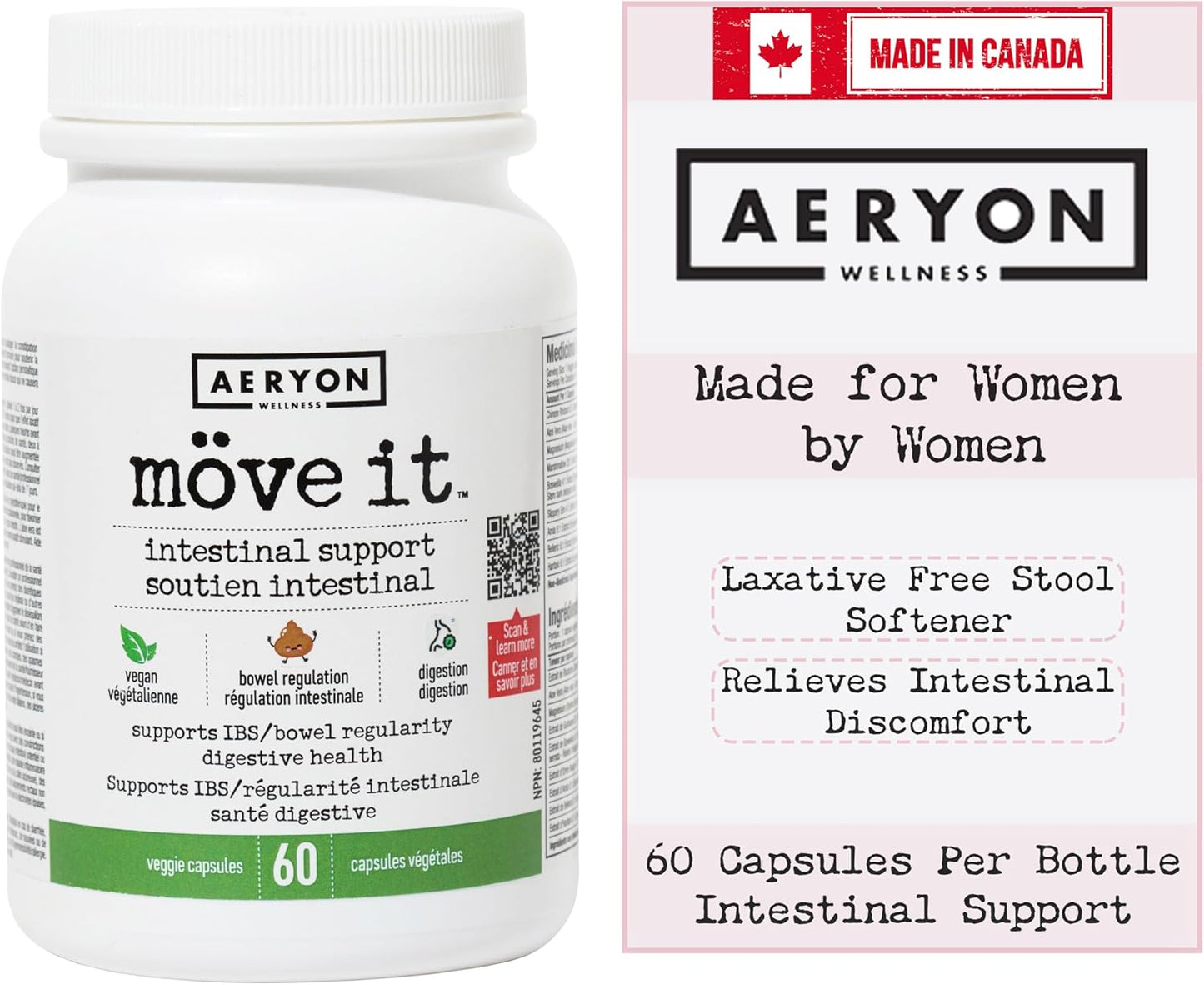 Möve it 全天然无泻药大便软化剂，Aeryon Wellness 出品 | 加拿大制造 | 含消化酶，缓解肠易激综合征 (IBS) | 缓解腹胀，恢复肠道健康 | 天然结肠清洁剂（60 粒素食胶囊）