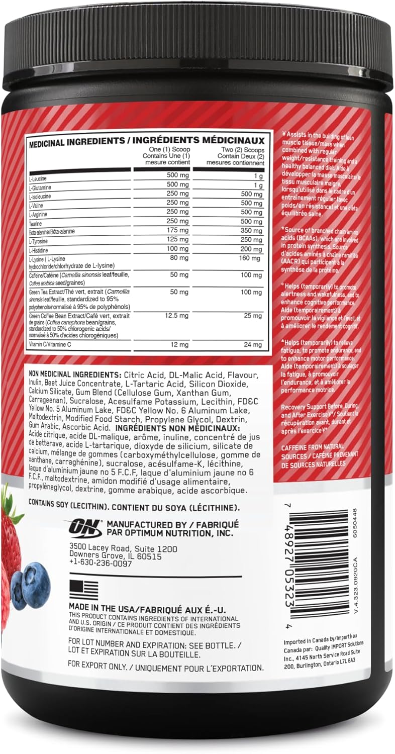 Optimum Nutrition 氨基能量粉：運動前和隨時補充能量，含綠茶、綠咖啡萃取 + BCAA - 水果融合：30 份 [270 克]（包裝可能有所不同）