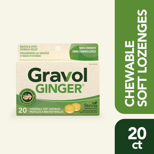 Gravol Ginger - Nausea and upset stomach relief with Organic ginger extract - Chewable, Great taste and Non-drowsy - 20 Lozenges (Pack of 1)