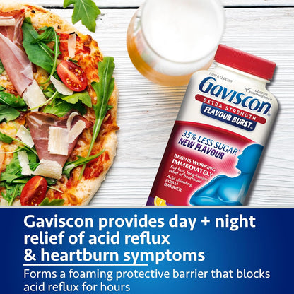 Gaviscon 強效口味爆裂片 - 60 片 - 可咀嚼的起泡抗酸片，可日夜緩解胃灼熱、胃酸倒流和胃食道逆流症，水果口味 - 不含鋁、乳糖和麩質