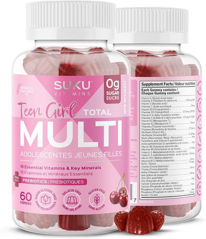 SUKU 維生素少女軟糖 – 無糖素食軟糖維生素補充劑，含 19 種必需營養素，可強健骨骼和肌肉，增強能量並改善皮膚健康 – 櫻桃味（60 粒）