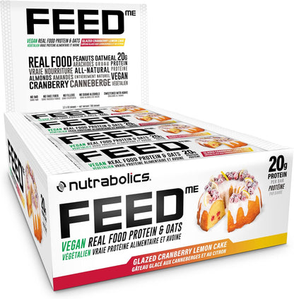 Nutrabolics- Feed me, Vegan Real Food Protein Bar, Glazed Cranberry Lemon Cake Box, 12 x 65 grams