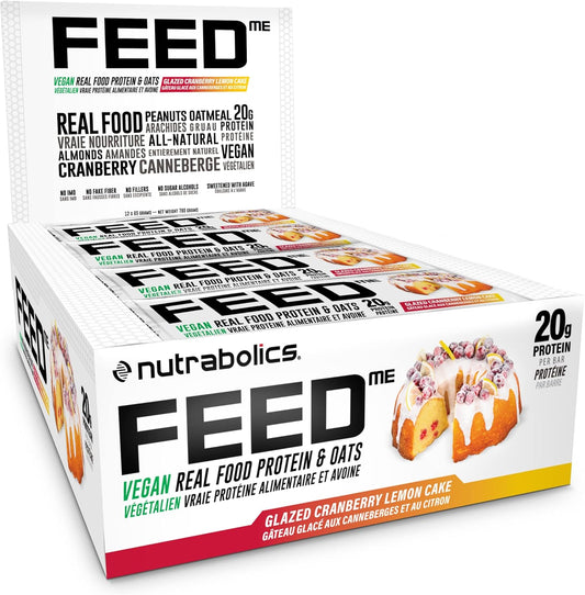 Nutrabolics- Feed me, Vegan Real Food Protein Bar, Glazed Cranberry Lemon Cake Box, 12 x 65 grams