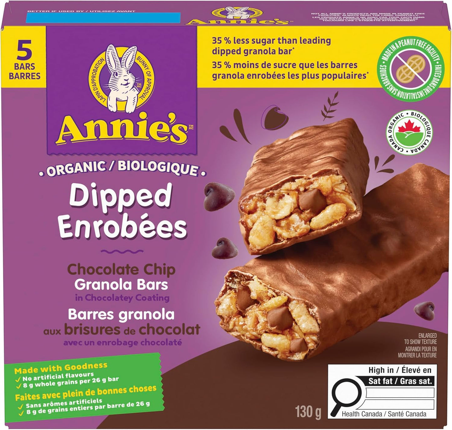 ANNIE'S 巧克力碎燕麦棒，有机，无人工香料，全谷物，5 包燕麦棒