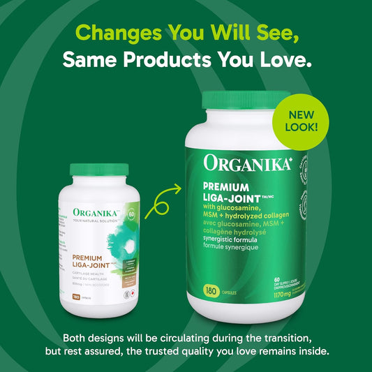 Organika 加拿大制造优质 Liga 关节胶囊 - 含 MSM、葡萄糖胺和 2 型胶原蛋白，用于关节和软骨支持 - 180 粒