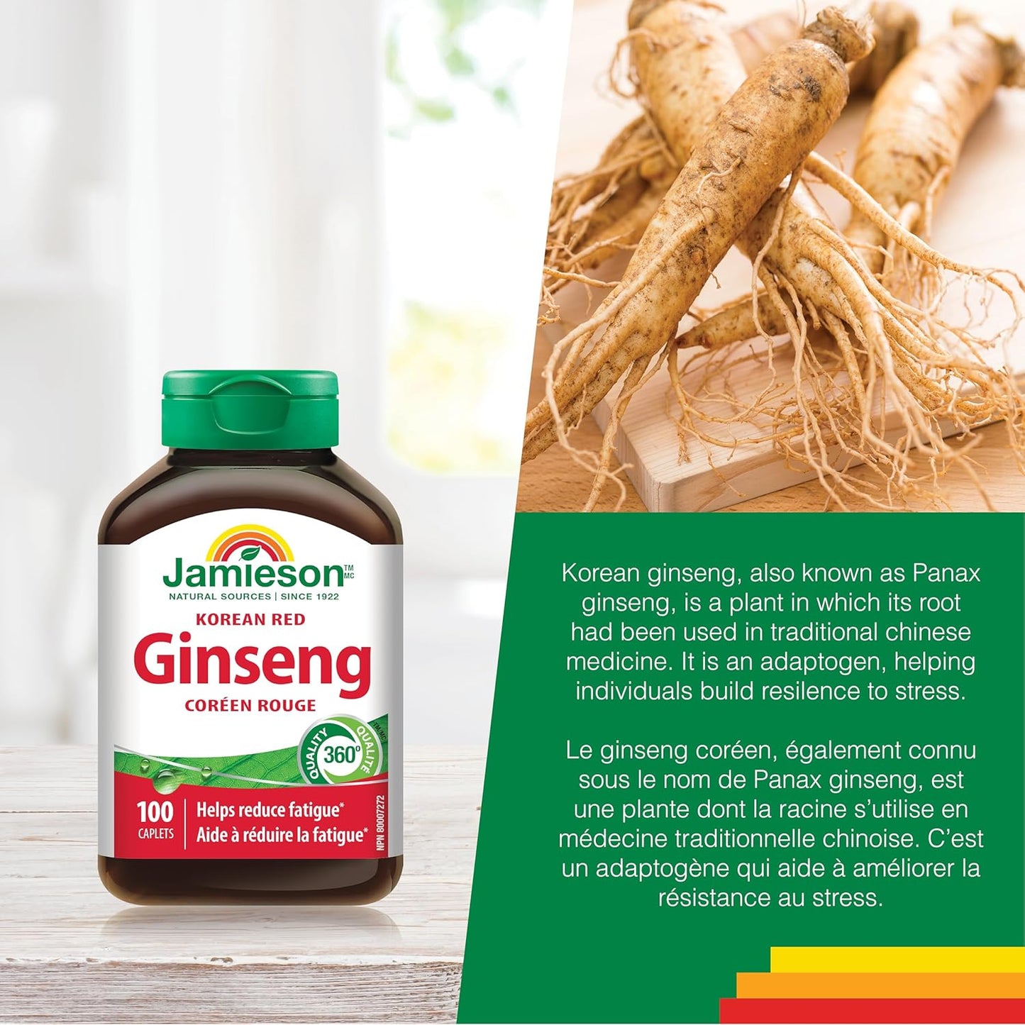 Jamieson 韩国红参，人参，有助于缓解压力，减轻疲劳，增强认知健康，提升体能。非转基因，无麸质，100 粒素食胶囊，加拿大制造