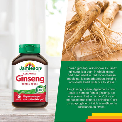 Jamieson 韩国红参，人参，有助于缓解压力，减轻疲劳，增强认知健康，提升体能。非转基因，无麸质，100 粒素食胶囊，加拿大制造