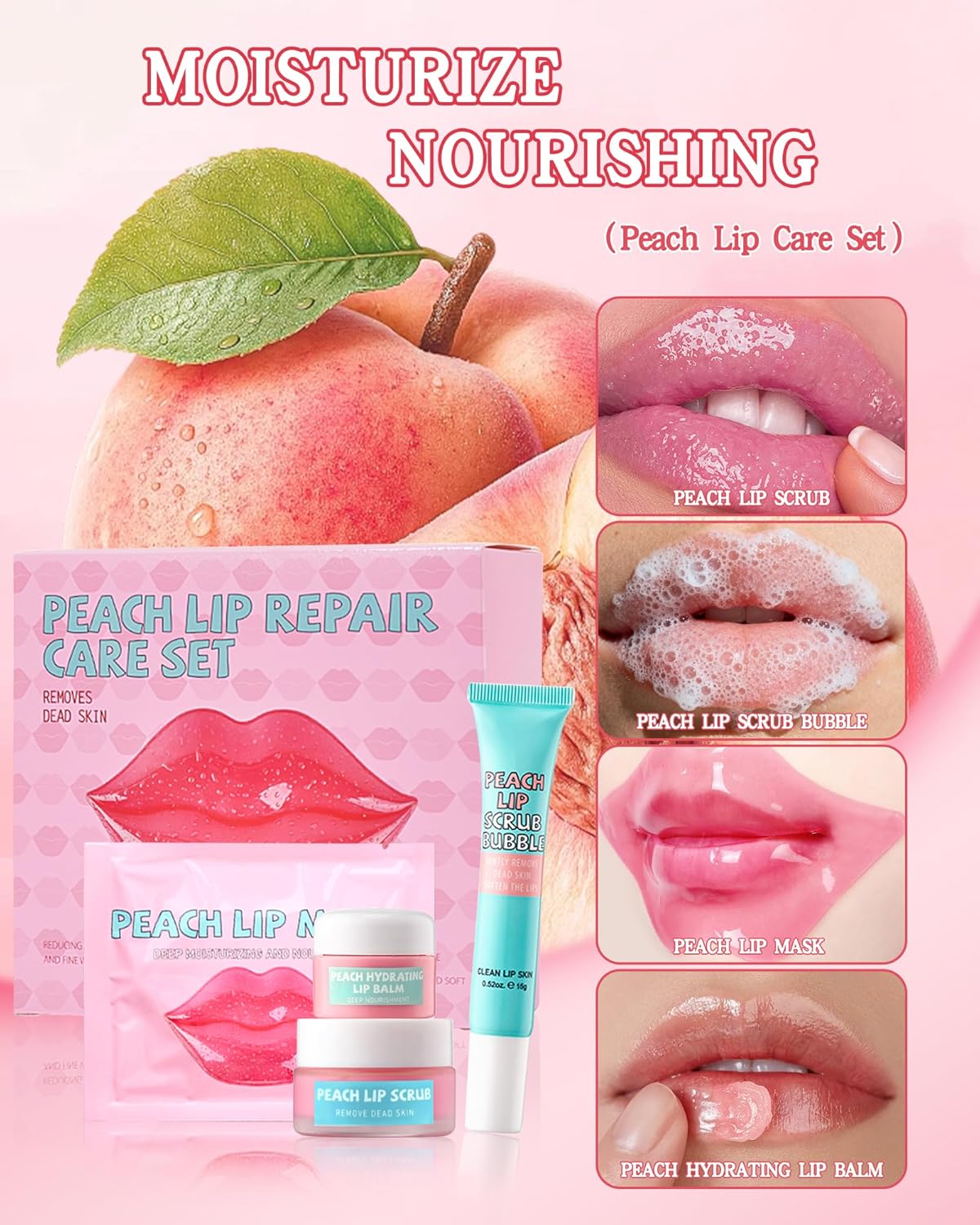 Lip Repair Care Product Kit,8 in 1 Peach Lips Care Moisturizer,Lip Scrub,5Pcs Lip Mask,Lip Scrub Foaming,Hydrating Lip Balm for Dry Cracked Chapped Lips,Christmas Travel Size Care Gift Set for Women Girl