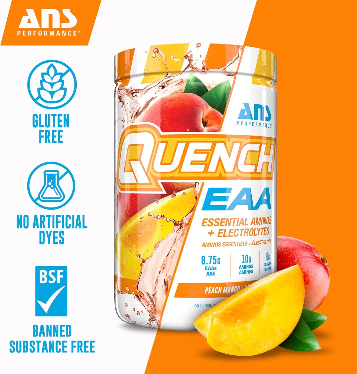 QUENCH EAA 氨基酸 + 電解質 - 9 種 EAA 的完整混合物 - 10 克總氨基酸 - 維生素、抗氧化劑、電解質 - 零糖、零碳水化合物、零卡路里（桃芒果）