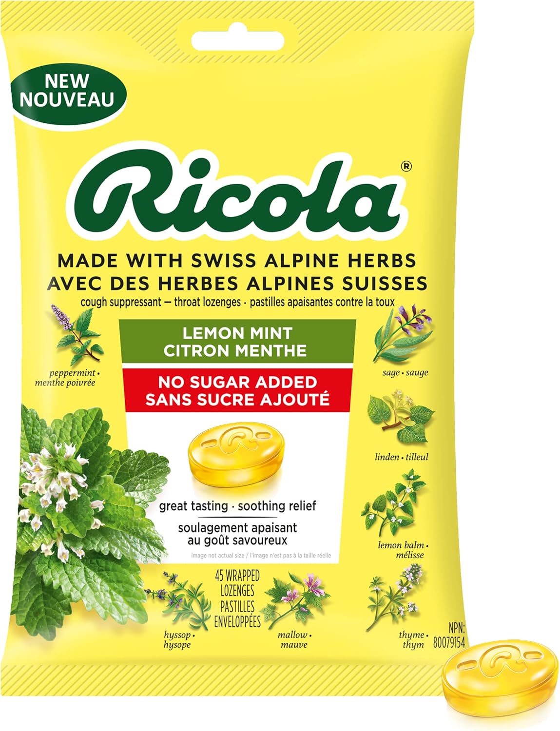Ricola Lemon Mint No Sugar Added Throat Drops