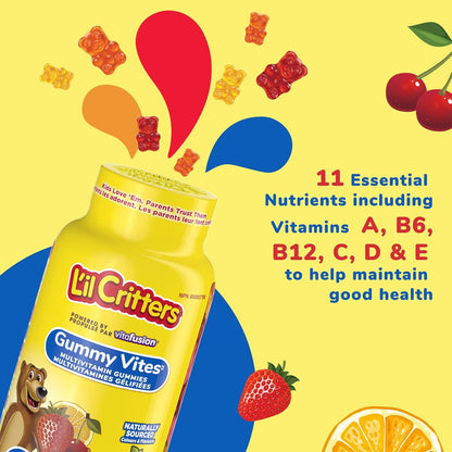 L'il Critters GummyVites 儿童复合维生素软糖，11 种必需营养素和儿童维生素 D3 软糖，800 IU 维生素 D3 每日剂量，支持骨骼健康*，天然来源的口味