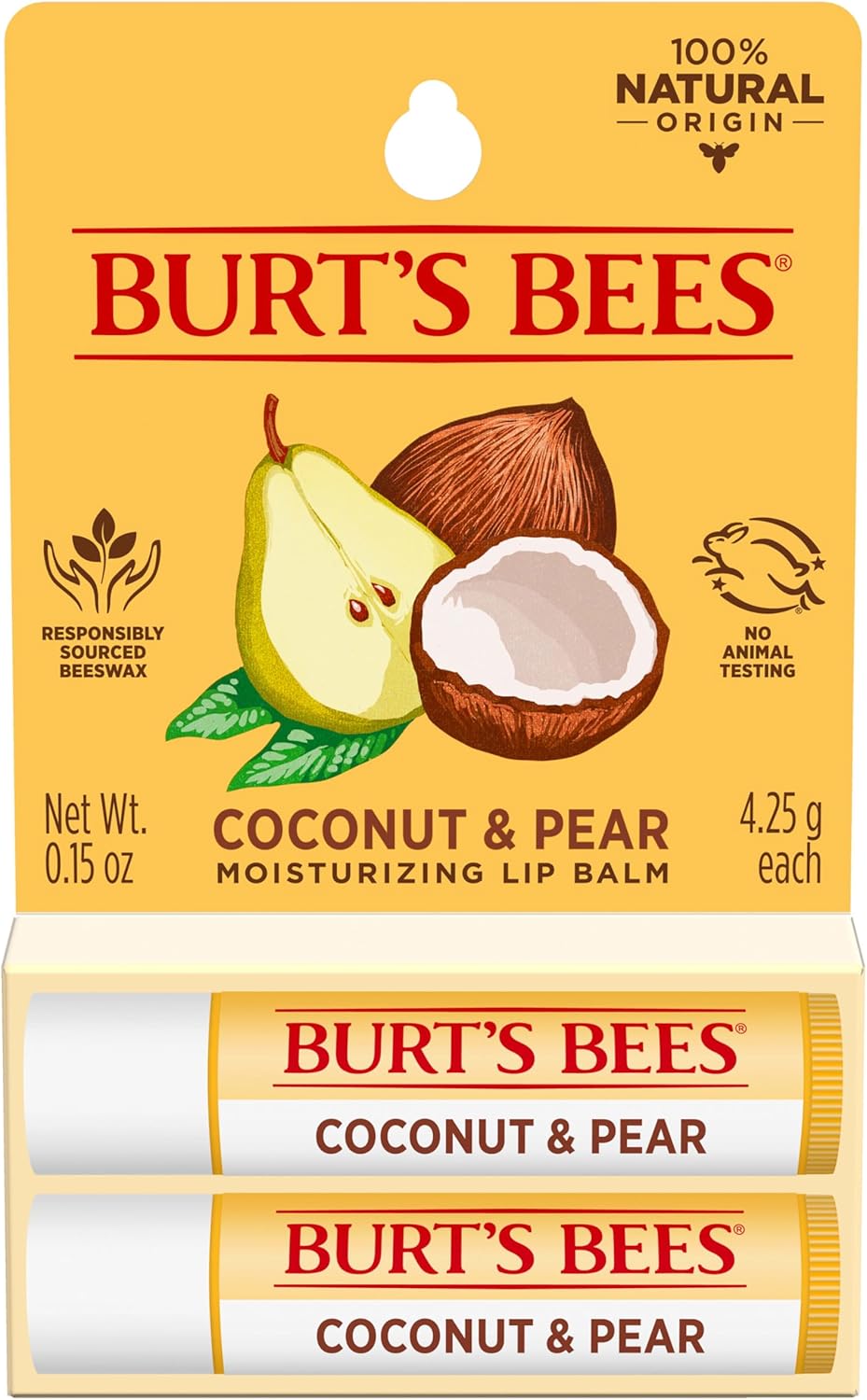 Burt's Bees 100% 天然保湿润唇膏，椰子和梨味，2 支装