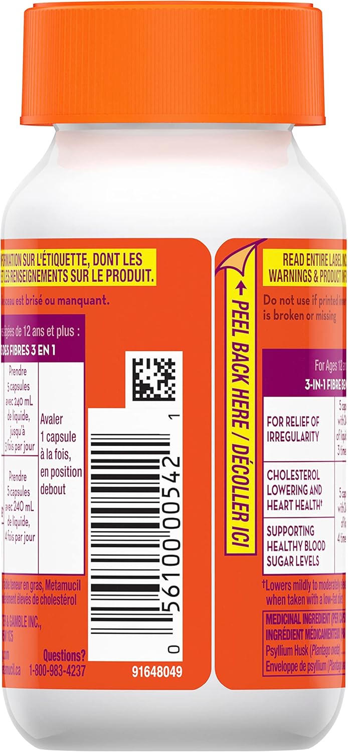 Metamucil, 每日车前子壳粉补充剂，三合一膳食纤维，促进消化健康，胶囊，100 粒
