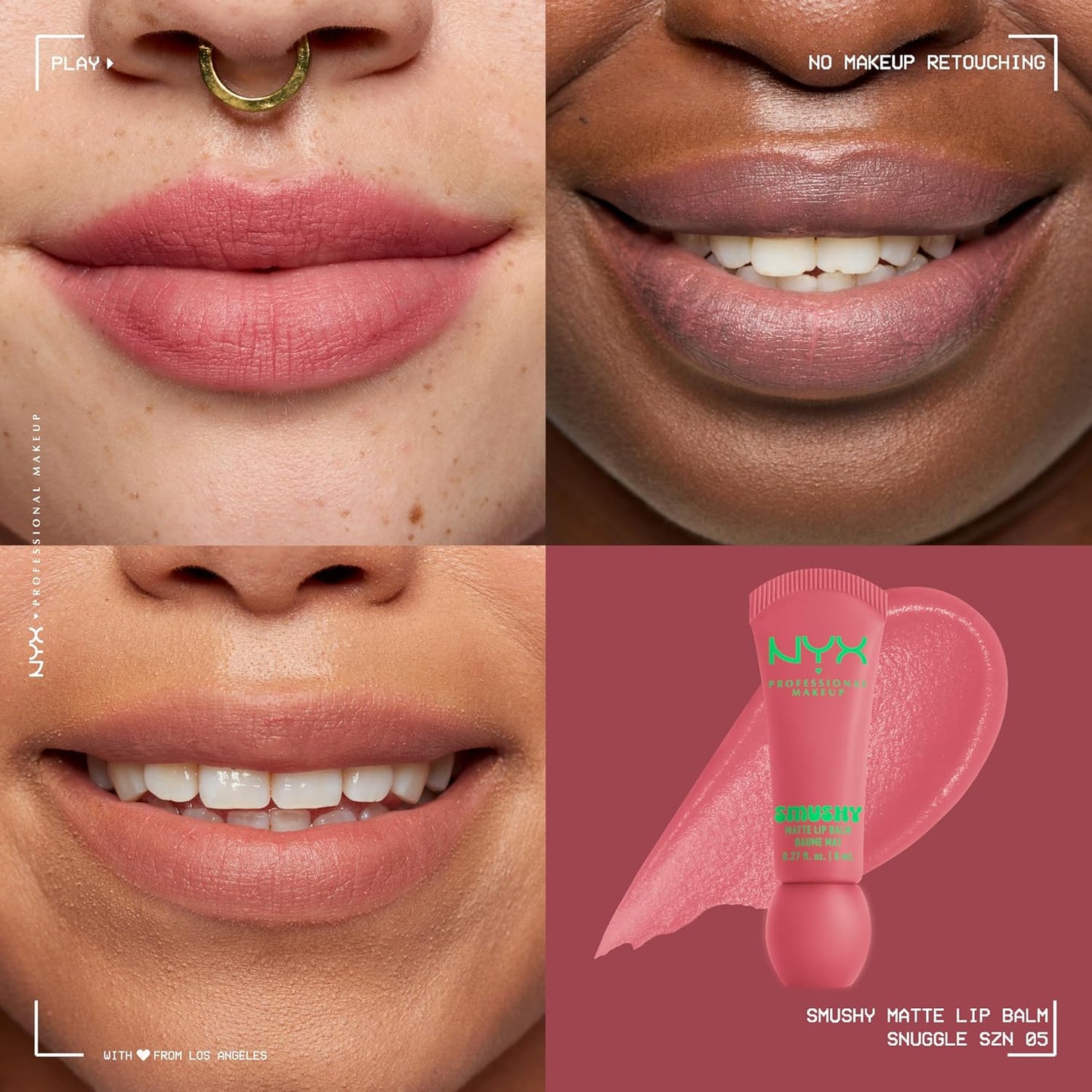 NYX Professional Makeup Smushy, Matte Lip Balm, Soft Diffused Color, With Mochi Rice Powder, Comfy Matte Finish, Buildable Coverage, Silicone Applicator, Whipped Buttercream Scent, Shade:Snuggle SZN (Dusty Rose)