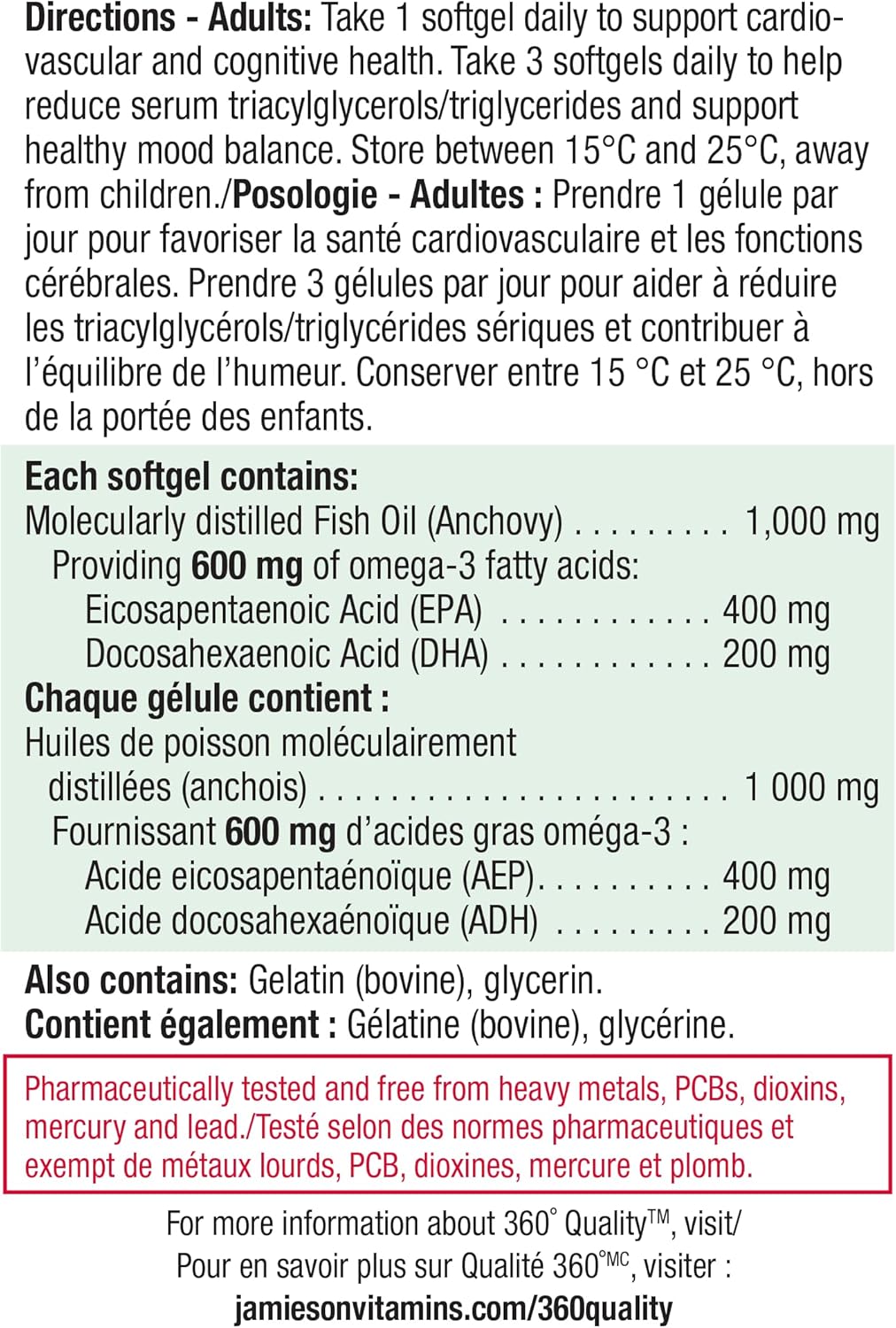 Jamieson Omega-3 Extra Strength Complete 600 mg, Supports Brain and Heart Health, and Mood Balance. With EPA and DHA, Non-GMO, Gluten-Free, 80 Softgels, Proudly Canadian