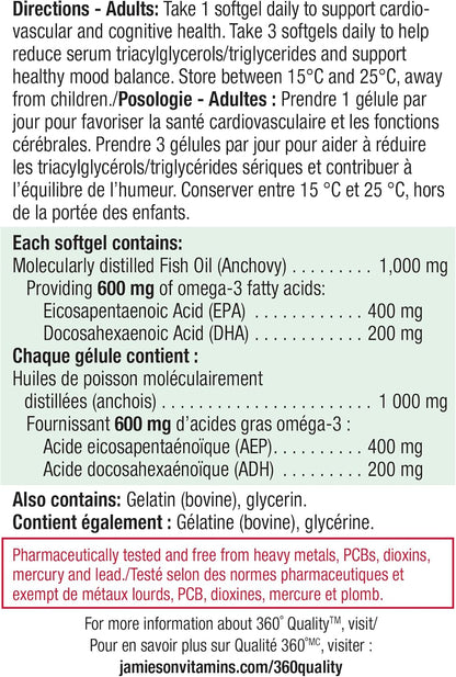 Jamieson Omega-3 Extra Strength Complete 600 mg, Supports Brain and Heart Health, and Mood Balance. With EPA and DHA, Non-GMO, Gluten-Free, 80 Softgels, Proudly Canadian