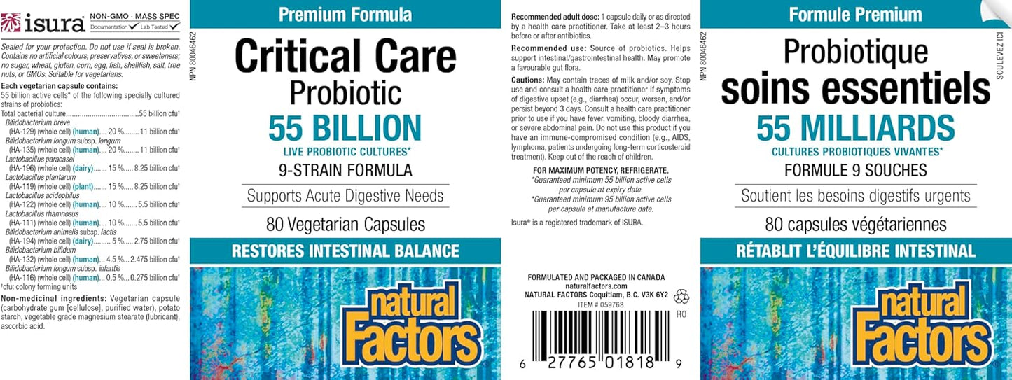 Natural Factors Critical Care Probiotic 55 Billion Live Probiotic Cultures, 9-Strain Formula, HIGH POTENCY, 80 Vegetarian Capsules, VALUE SIZE, Supports Acute Digestive Needs & Restores Intestinal Balance, Proudly Canadian