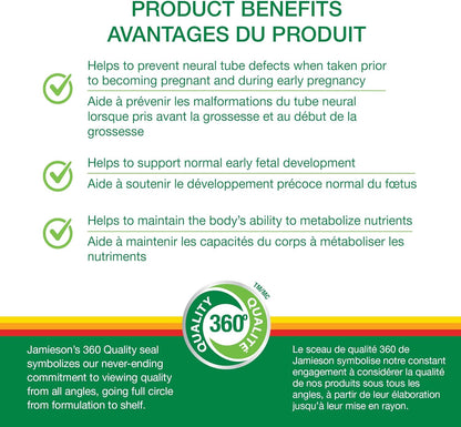 Jamieson Folic Acid 1,000 mcg Tablets, Prenatal Supplement, Supports Normal Fetal Development, Helps Prevent Neural Tube Defects and Produce Red Blood Cells. Vegetarian, Non-GMO, Gluten-Free, 100 Count, Proudly Canadian