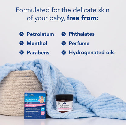 hydraSense 婴儿护理舒缓膏 – 温和舒缓，舒适呵护，不含凡士林，无刺激性，采用天然成分桉树、薰衣草和洋甘菊制成，经儿科医生测试。43克