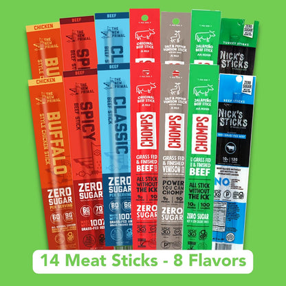 Chomp Beef Sticks, Nicks Jerky Stick, The New Primal Beef Sticks – Paleo, Keto, Gluten Free, Low Carb, High Protein, Pantry Snacks, Sugar Free, Grass-fed - Variety Keto Box (14 sticks)