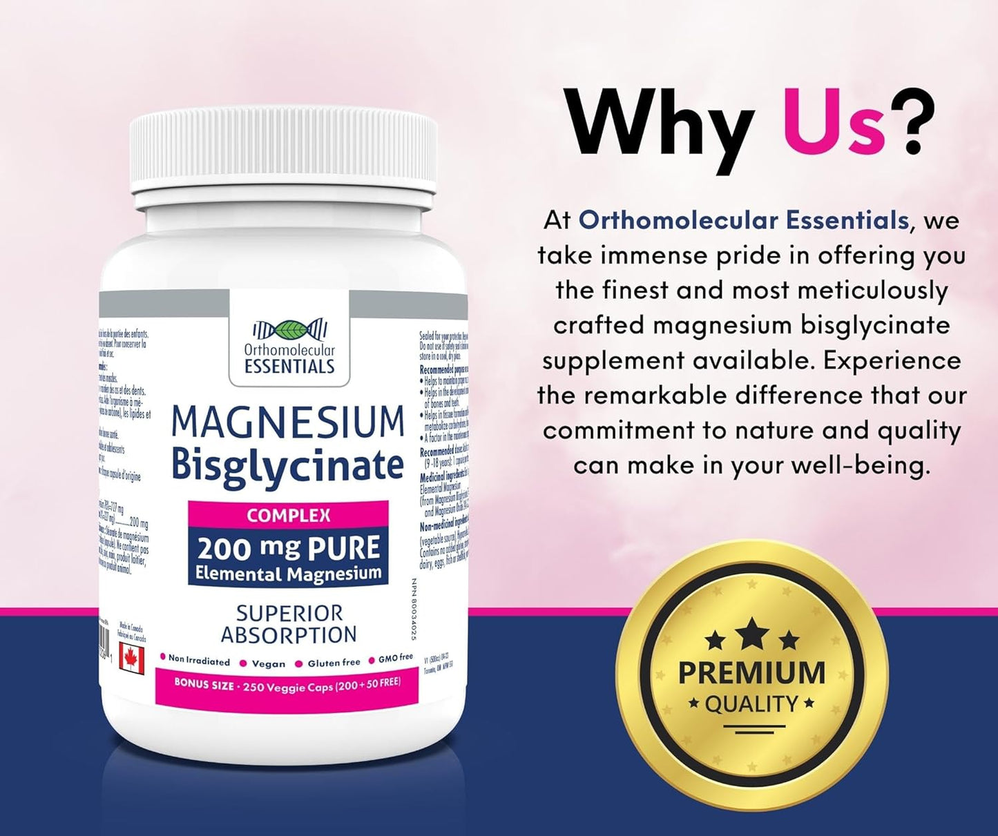 正分子必需品 – 雙甘氨酸鎂複合物 200 毫克，250 粒素食膠囊（250 天用量）– 元素鎂，有助於睡眠、骨骼健康和神經功能 – 非基因改造和無麩質