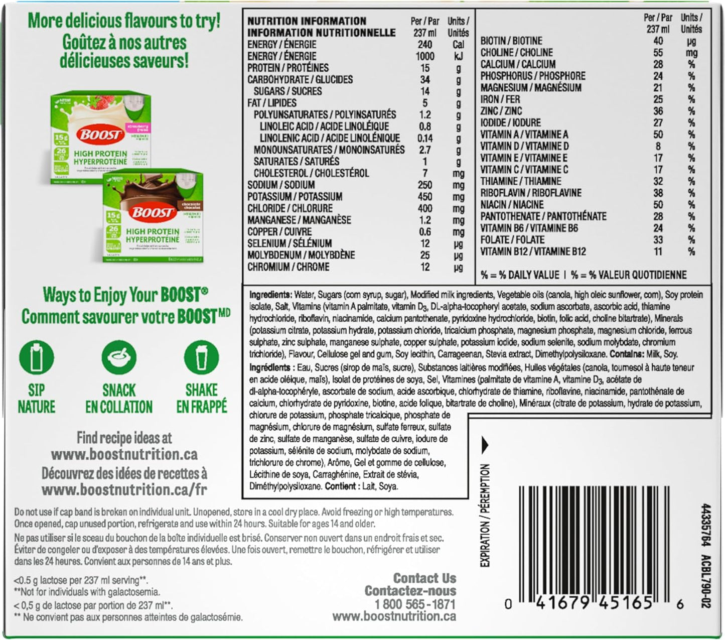 BOOST 15 克高蛋白代餐饮料，香草味，237 毫升，6 包（4 包）