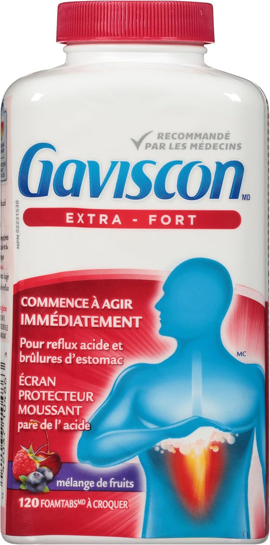 Gaviscon 強效片劑 - 120 片 - 日夜咀嚼式泡沫抗酸片劑和液體強效抗酸劑 - 600 毫升 - 日夜緩解胃灼熱的抗酸液