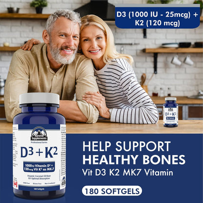 加拿大製造，無塑膠污染 - 維生素 D3 K2，180 粒軟膠囊，180 天用量 - D3（1000IU-25mcg）+K2（120mcg） - 免疫功能、骨骼和牙齒健康 - 經第三方測試 - 加拿大配製和製造