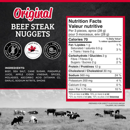 McSweeney's Original Beef Steak Nuggets Box. 100% Made in Canada, High Protein Snacks, Gluten Free, Low Fat, Meat Snacks, Naturally Smoked, Shelf Stable, Bulk Case 85g (Pack of 12)