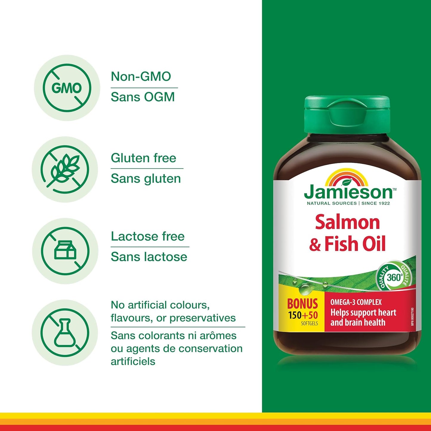 Jamieson Salmon and Fish Oil 1,000 mg Softgels, Bonus Size, Supports Heart and Brain Health. With Wild Salmon, EPA and DHA, Non-GMO, Gluten-Free, 200 Count, Proudly Canadian