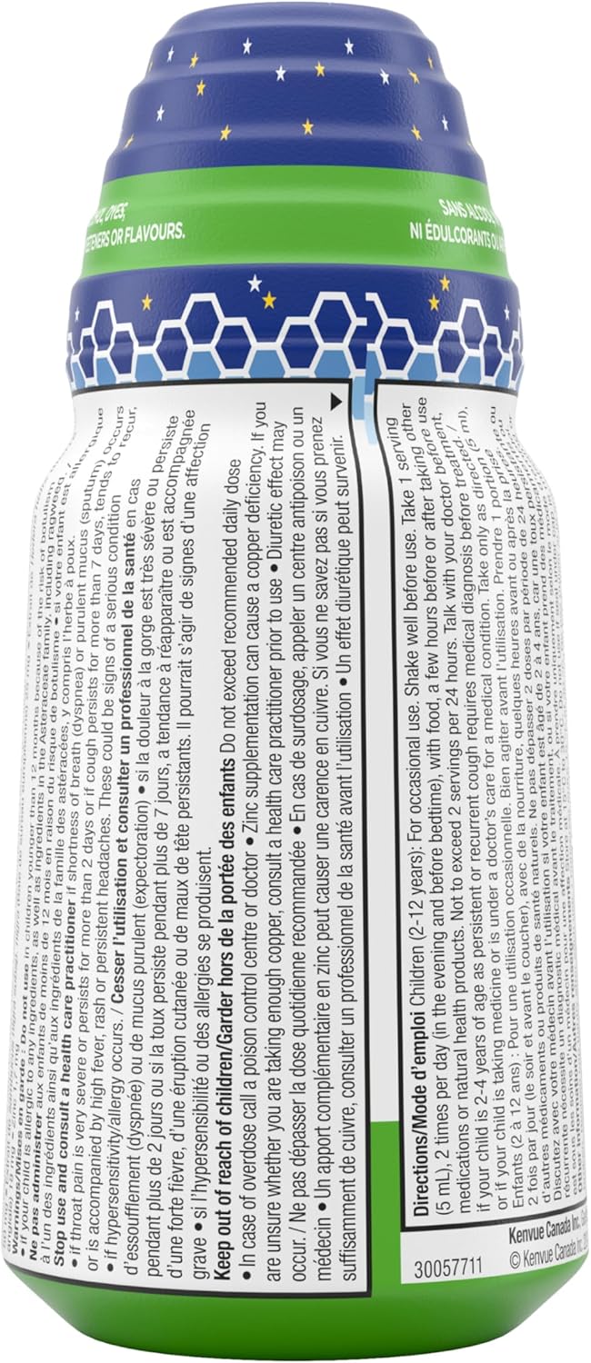 Zarbee’s® Children’s Nighttime Cough + Mucus Syrup for Kids 2+ years, Honey, Chamomile, & Ivy Leaf, Dye & Alcohol-Free, Mixed Berry, 118 mL