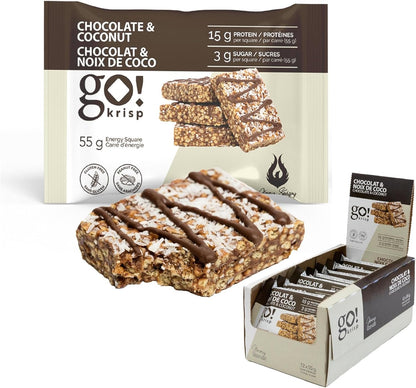 GoKrisp, Energy Square by Jimmy Sevigny, 15 gr Protein Pastry, Tasty Chocolate and Coconut, High Protein Snacks, Nut & Peanut Free, Gluten Free, (12-Pack)