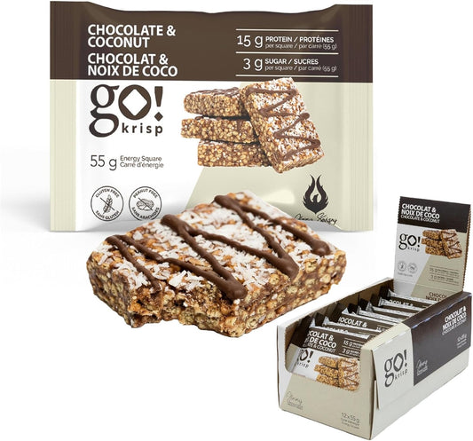 GoKrisp, Energy Square by Jimmy Sevigny, 15 gr Protein Pastry, Tasty Chocolate and Coconut, High Protein Snacks, Nut & Peanut Free, Gluten Free, (12-Pack)