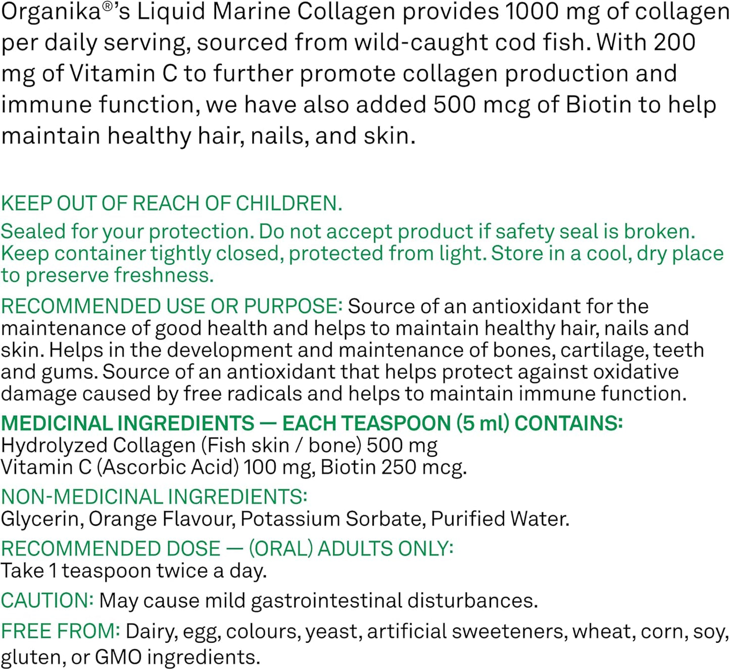 Organika Canadian-Made Liquid Marine Collagen - with Added Vitamin C and Biotin - Orange Flavour- 250ml