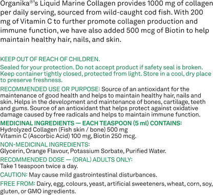Organika Canadian-Made Liquid Marine Collagen - with Added Vitamin C and Biotin - Orange Flavour- 250ml