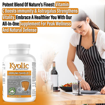 Kyolic- Formula 103 Immuni-Shield 180 Capsules 45-Day Supply - Vitamin C Ascorbic Acid, Astragalus Root Extract, Mushroom Blend Supplement & Kyolic Aged Garlic Extract Capsule - Immune System Support