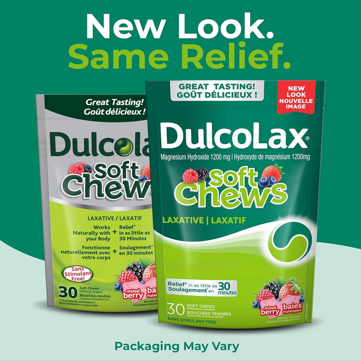 DulcoLax 软咀嚼片，用于缓解偶尔便秘的温和泻药，适用于成人和 12 岁及以上儿童，纯素、无刺激、无麸质泻药，混合浆果味，30 片