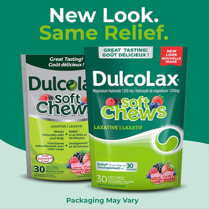 DulcoLax 软咀嚼片，用于缓解偶尔便秘的温和泻药，适用于成人和 12 岁及以上儿童，纯素、无刺激、无麸质泻药，混合浆果味，30 片