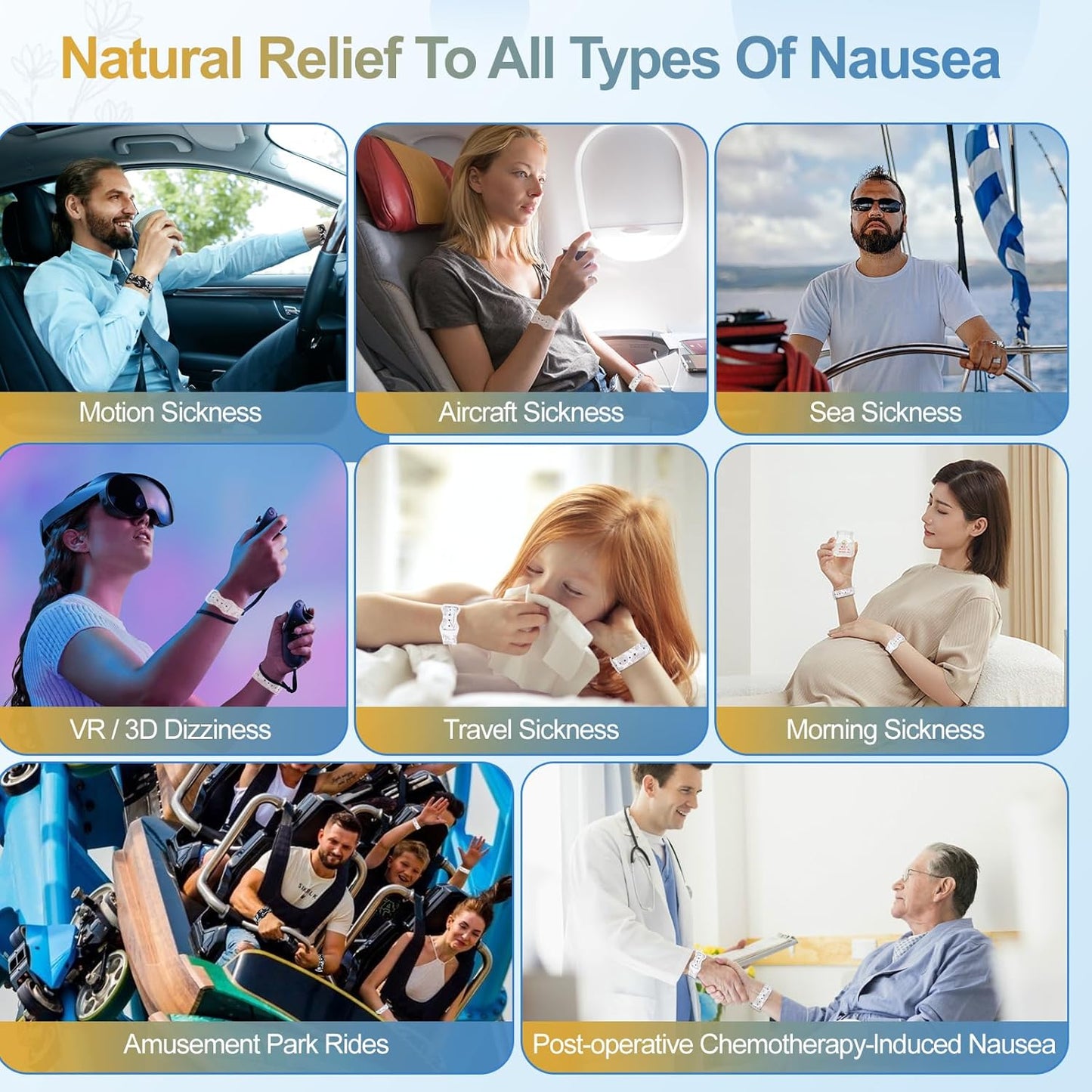 MEIYYJ 暈動病手環，防噁心自然緩解腕帶，可調節指壓噁心腕帶，適用於旅行時緩解噁心、頭痛、失眠、焦慮、晨吐 - 白色/星光色…