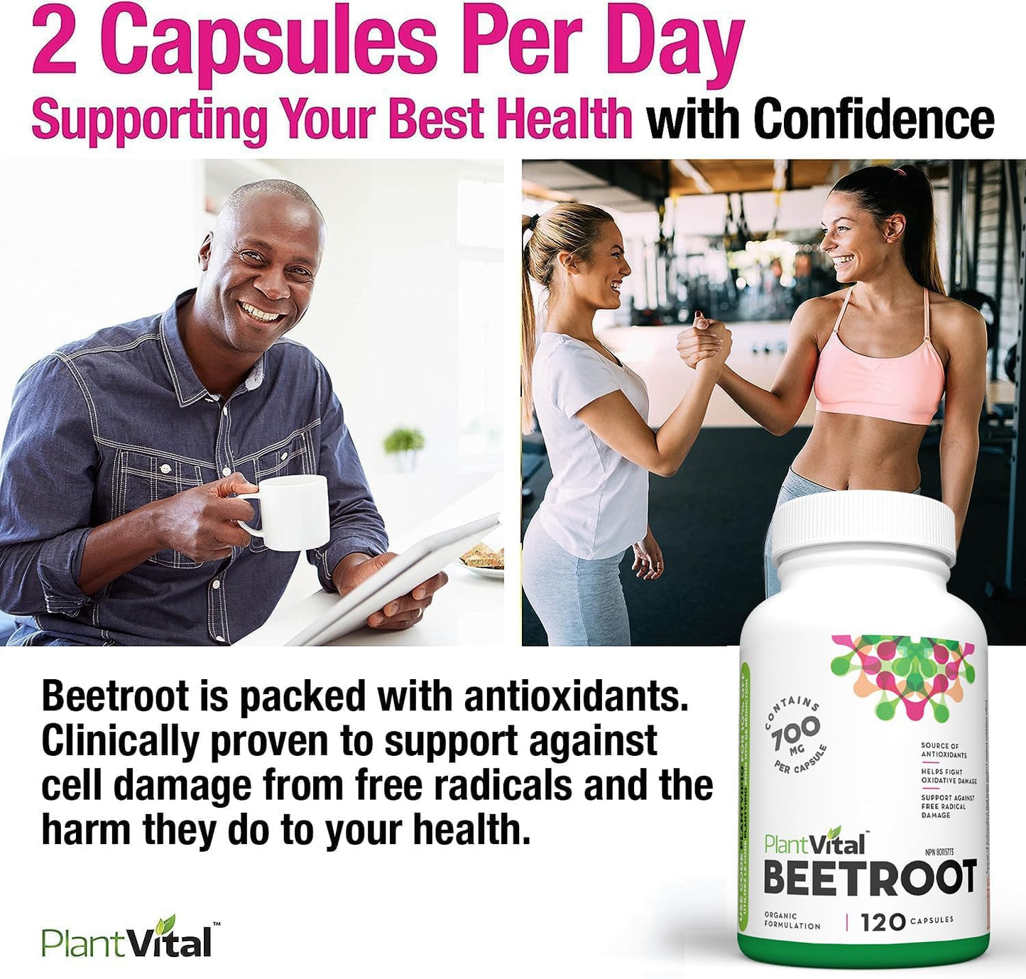 PlantVital Organic Beetroot 1400mg per day -Made in Canada, Health Canada Licensed- Antioxidant Beet Root Supplement - Protects Against Oxidative Damage and Free Radicals -120 Capsules, 2-Month Supply