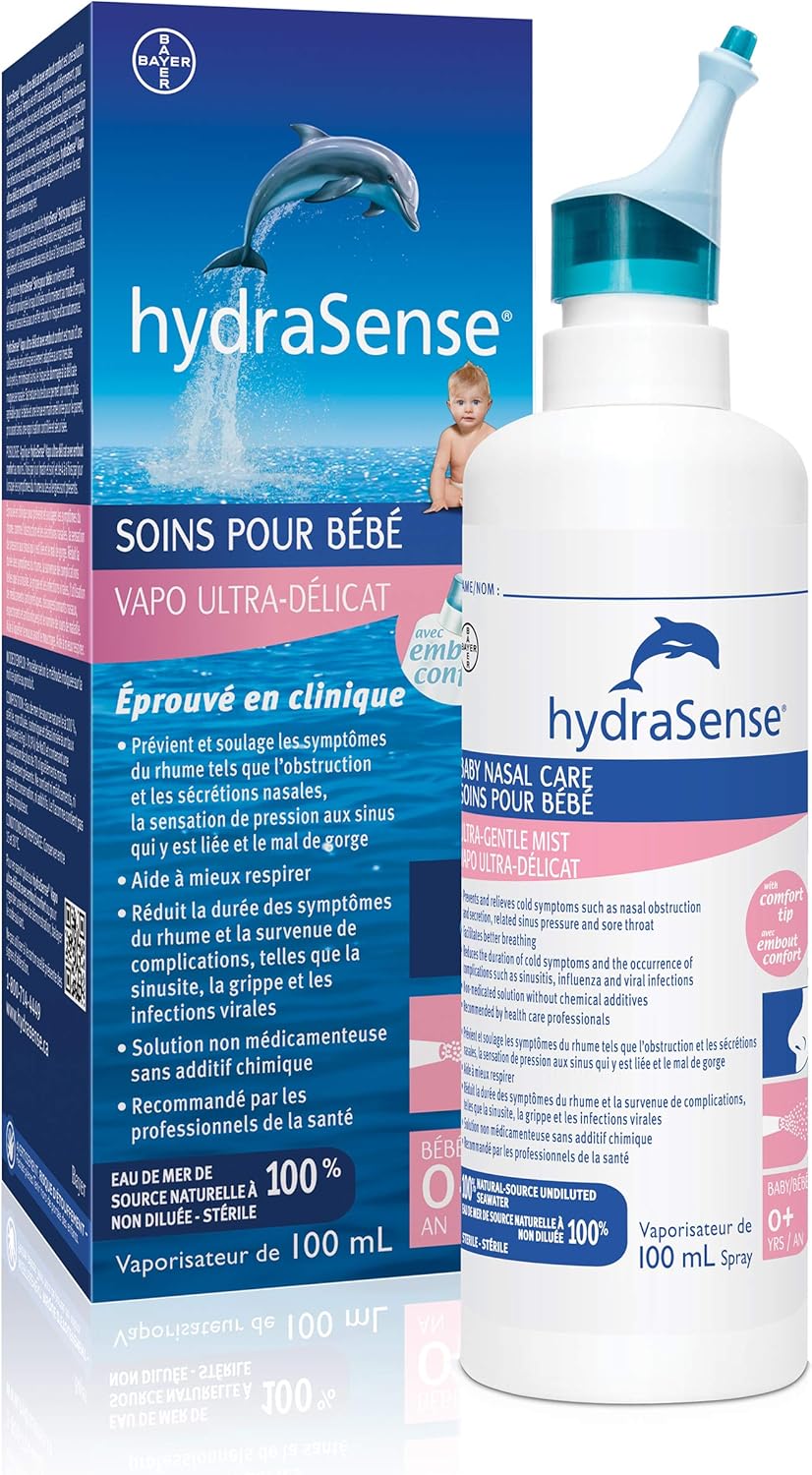 HydraSense 超温和喷雾鼻腔喷雾，婴儿鼻腔护理和温和喷雾鼻腔喷雾，日常鼻腔护理，100% 天然海水，不含防腐剂，100 毫升