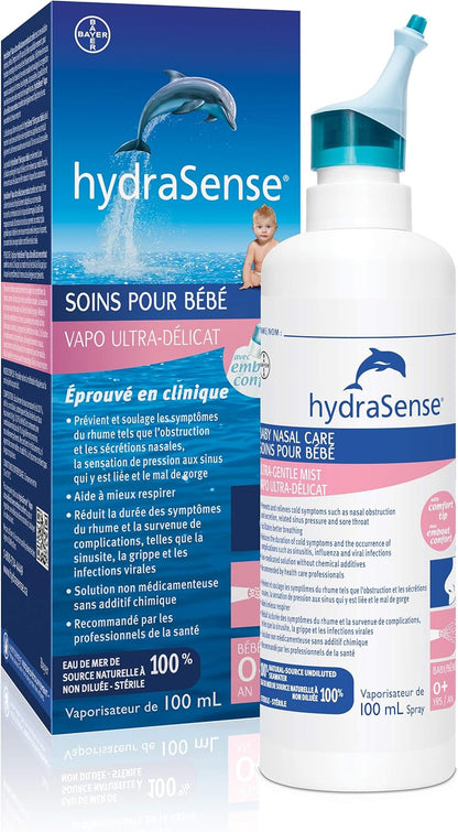 HydraSense 超温和喷雾鼻腔喷雾，婴儿鼻腔护理和温和喷雾鼻腔喷雾，日常鼻腔护理，100% 天然海水，不含防腐剂，100 毫升