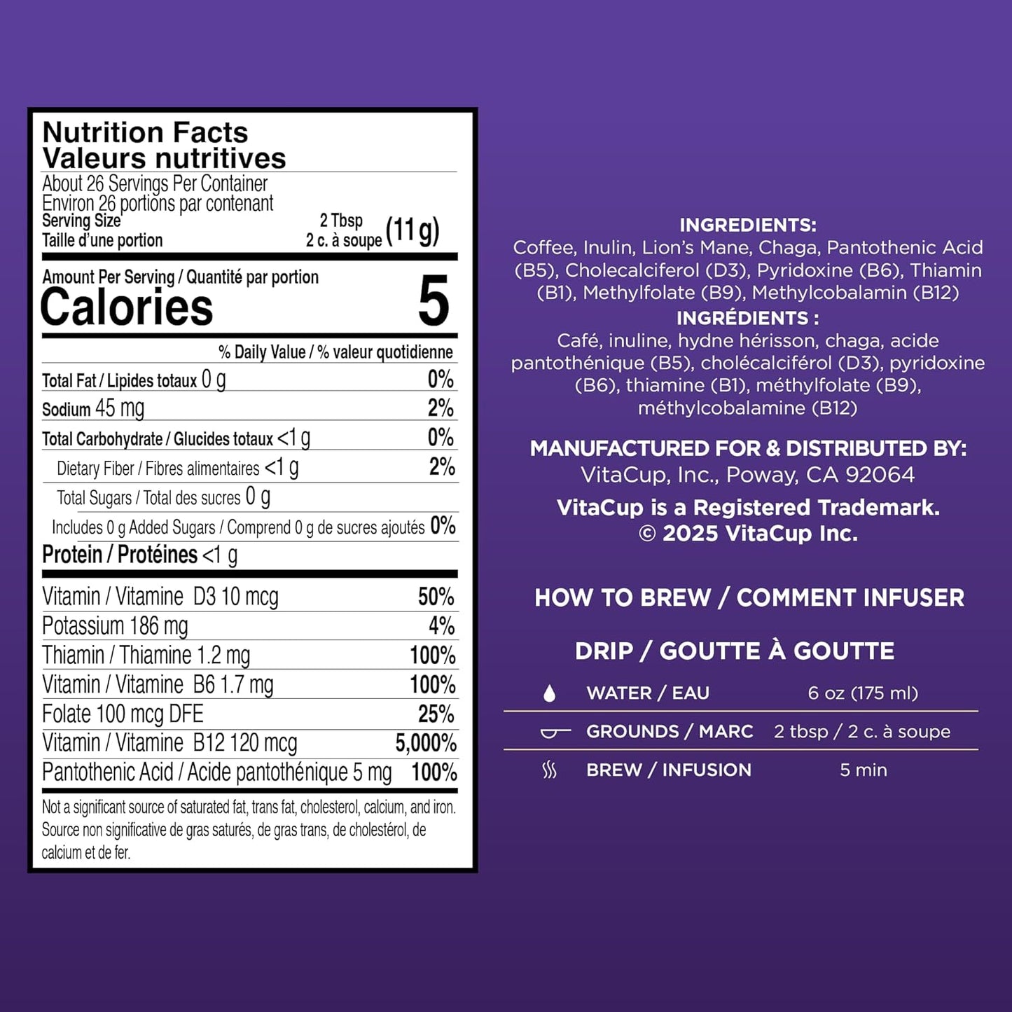 VitaCup Focus 研磨蘑菇咖啡，含狮鬃菇、白桦茸和维生素，有助于增强免疫力和集中注意力，适用于滴滤咖啡机和法压壶，10 盎司