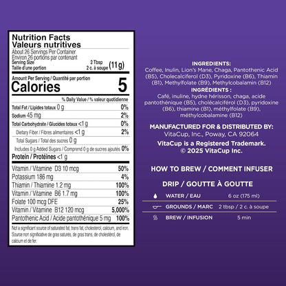 VitaCup Focus 研磨蘑菇咖啡，含狮鬃菇、白桦茸和维生素，有助于增强免疫力和集中注意力，适用于滴滤咖啡机和法压壶，10 盎司