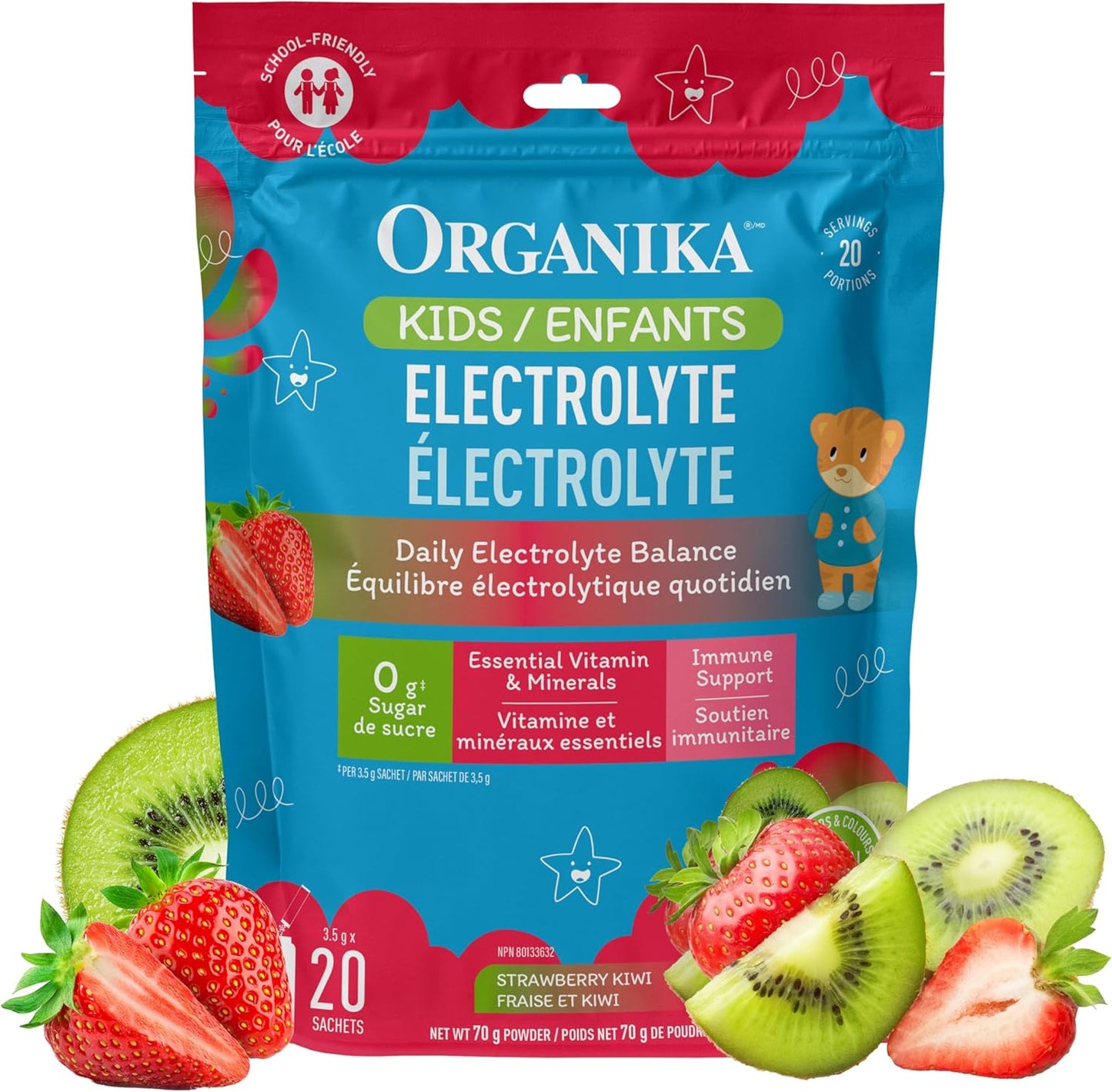 Organika 儿童电解质粉 - 草莓奇异果口味 - 随时随地无糖补水 + 100% 每日所需维生素 C、益生元和抗氧化剂 | 不含乳制品、麸质和 BPA - 3.5 克 x 20 袋